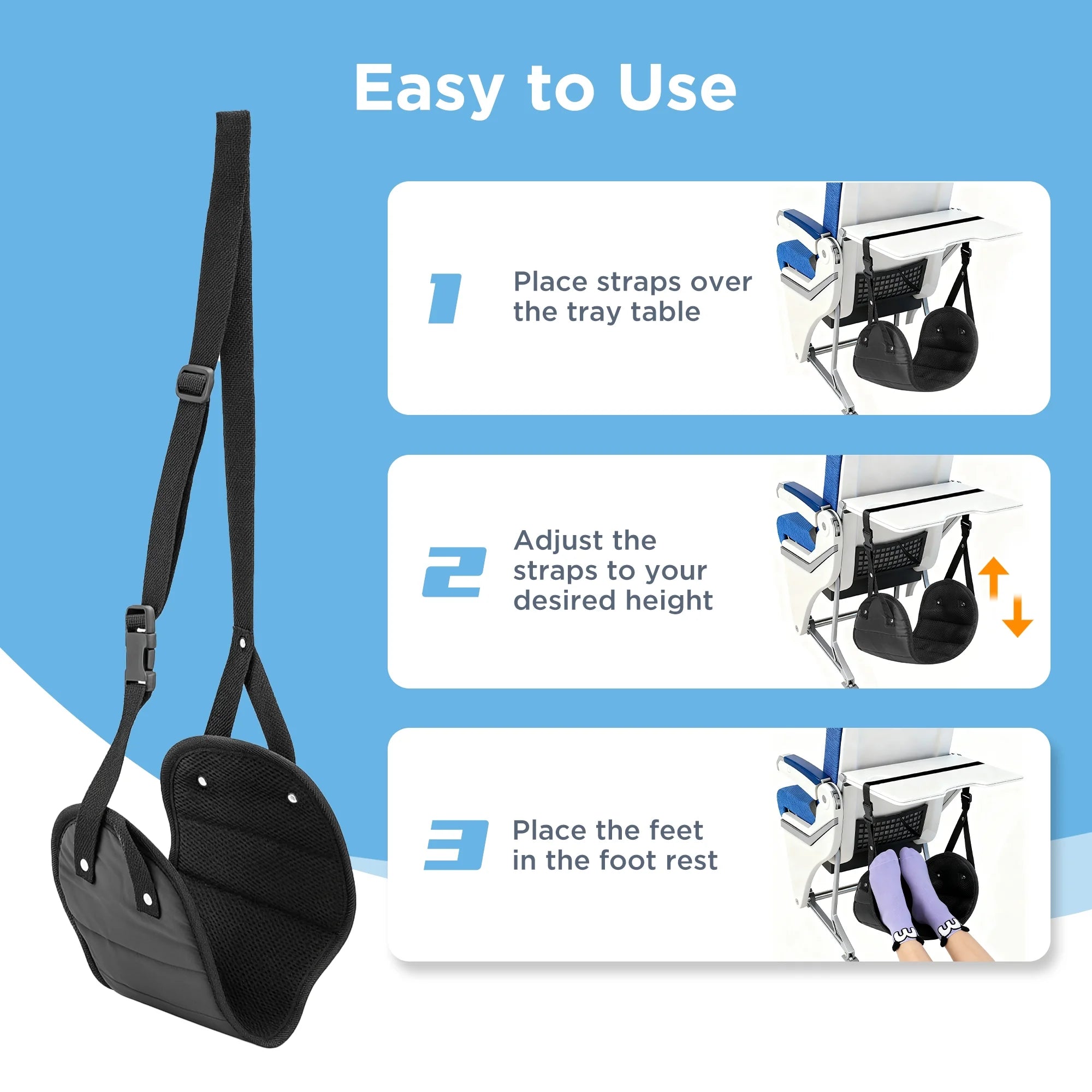 Extended Adjustable Airplane Foot Hammock, Portable Desk Foot Sling, Black