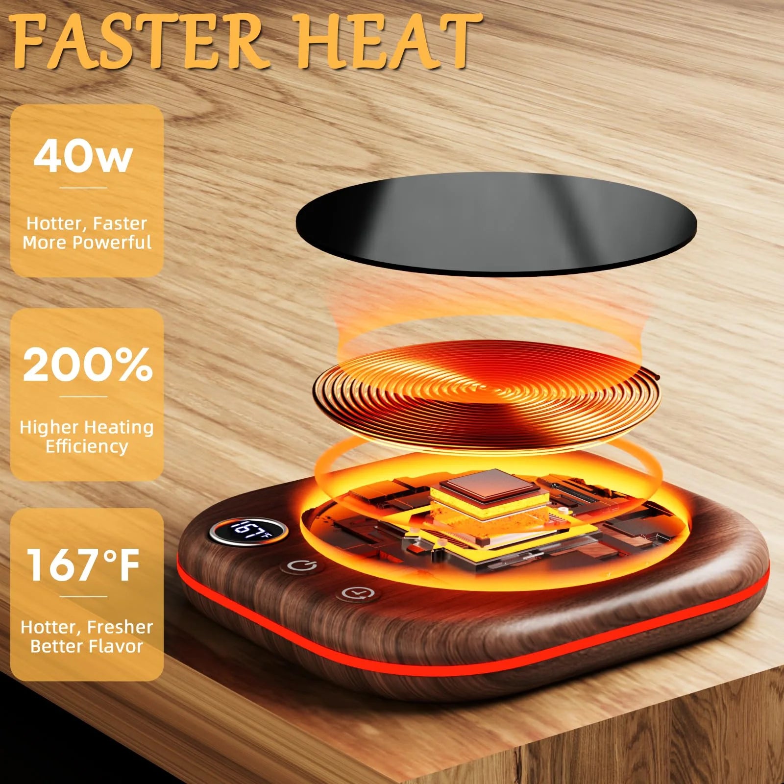 Mug Warmer,40W Coffee Mug Warmer for Desk with Temperature Display, 4 H Auto Shut Off, 3 Temp Settings & 1-12H Timer, Smart Electric Beverage Warmer for Coffee, Tea, Water, Milk and Coco(Wood Grain)