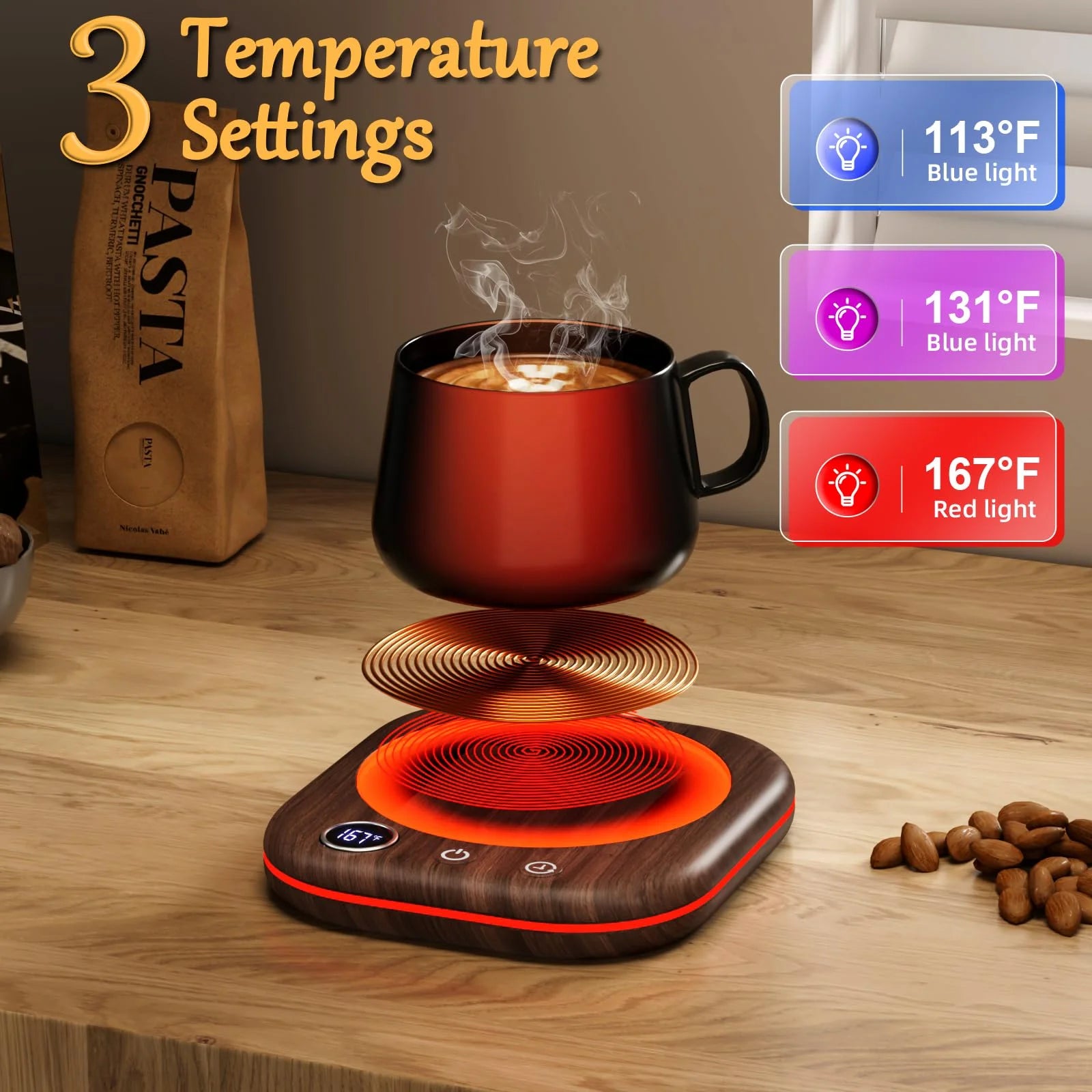 Mug Warmer,40W Coffee Mug Warmer for Desk with Temperature Display, 4 H Auto Shut Off, 3 Temp Settings & 1-12H Timer, Smart Electric Beverage Warmer for Coffee, Tea, Water, Milk and Coco(Wood Grain)