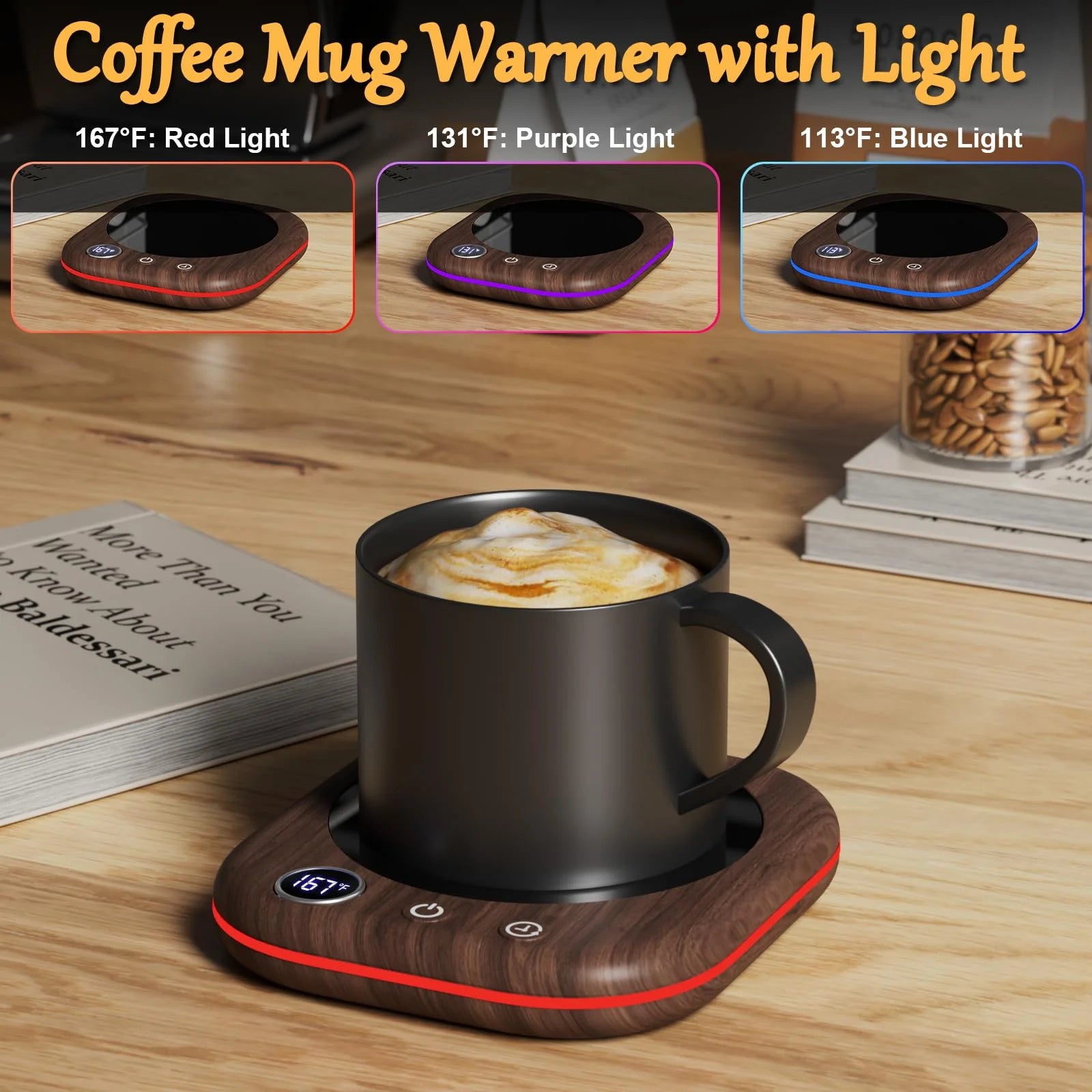 Mug Warmer,40W Coffee Mug Warmer for Desk with Temperature Display, 4 H Auto Shut Off, 3 Temp Settings & 1-12H Timer, Smart Electric Beverage Warmer for Coffee, Tea, Water, Milk and Coco(Wood Grain)