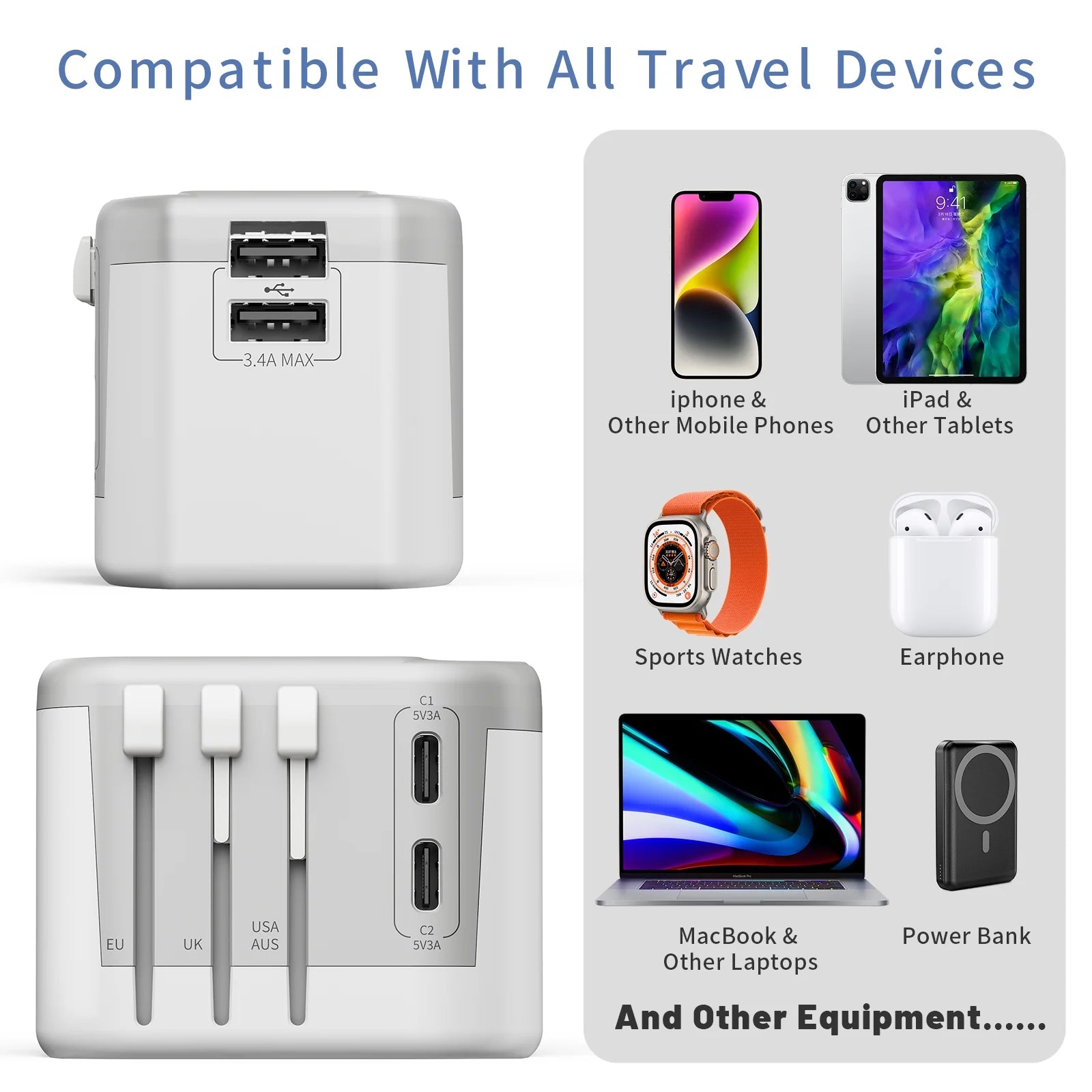 Ultimate Universal Travel Adapter: 6-in-1 International Wall Charger with Smart Power and Dual USB Ports for Global Adventures