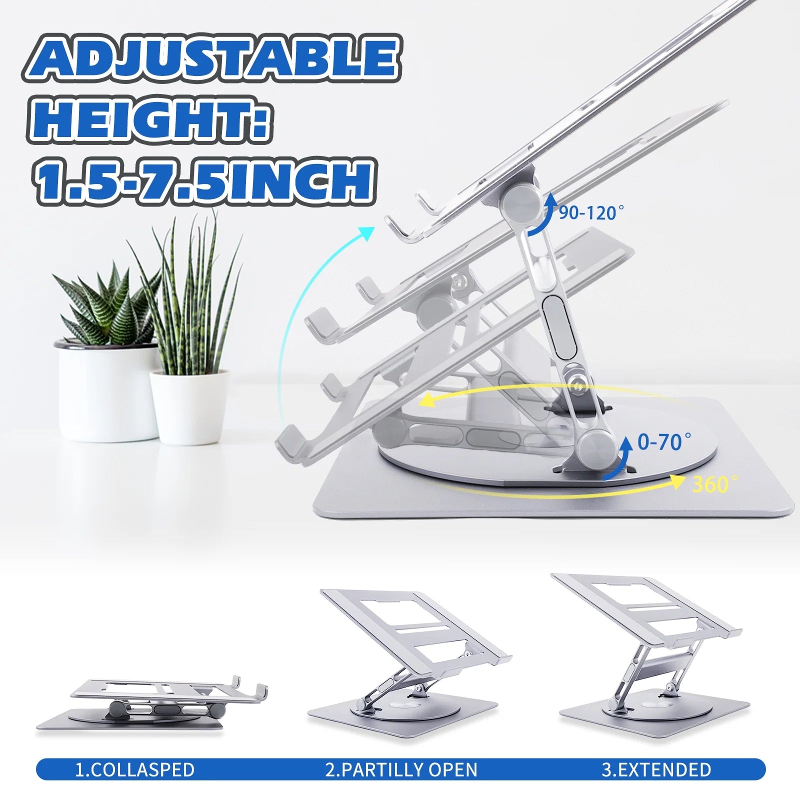 Elevate Your Workspace with the Adjustable Portable Laptop Stand - 360° Rotating Aluminum Riser for All Your Devices